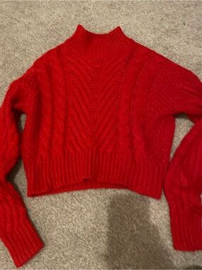 VILA Red Cable-Knit Cropped Turtleneck Sweater